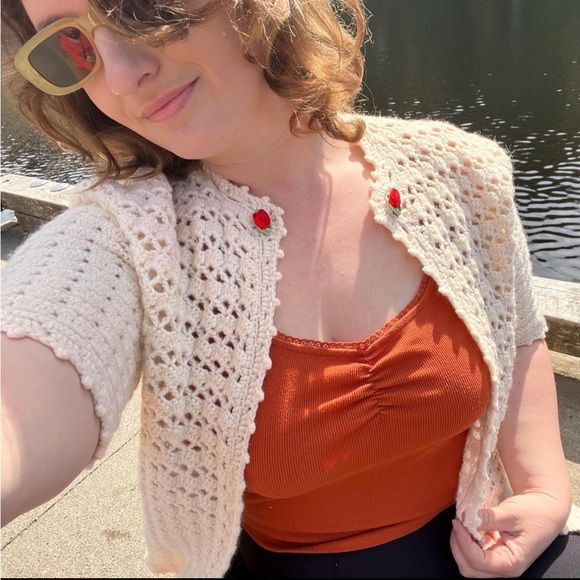 Cream Crochet Cardigan with Red Rose Buttons - Picture 1 of 6